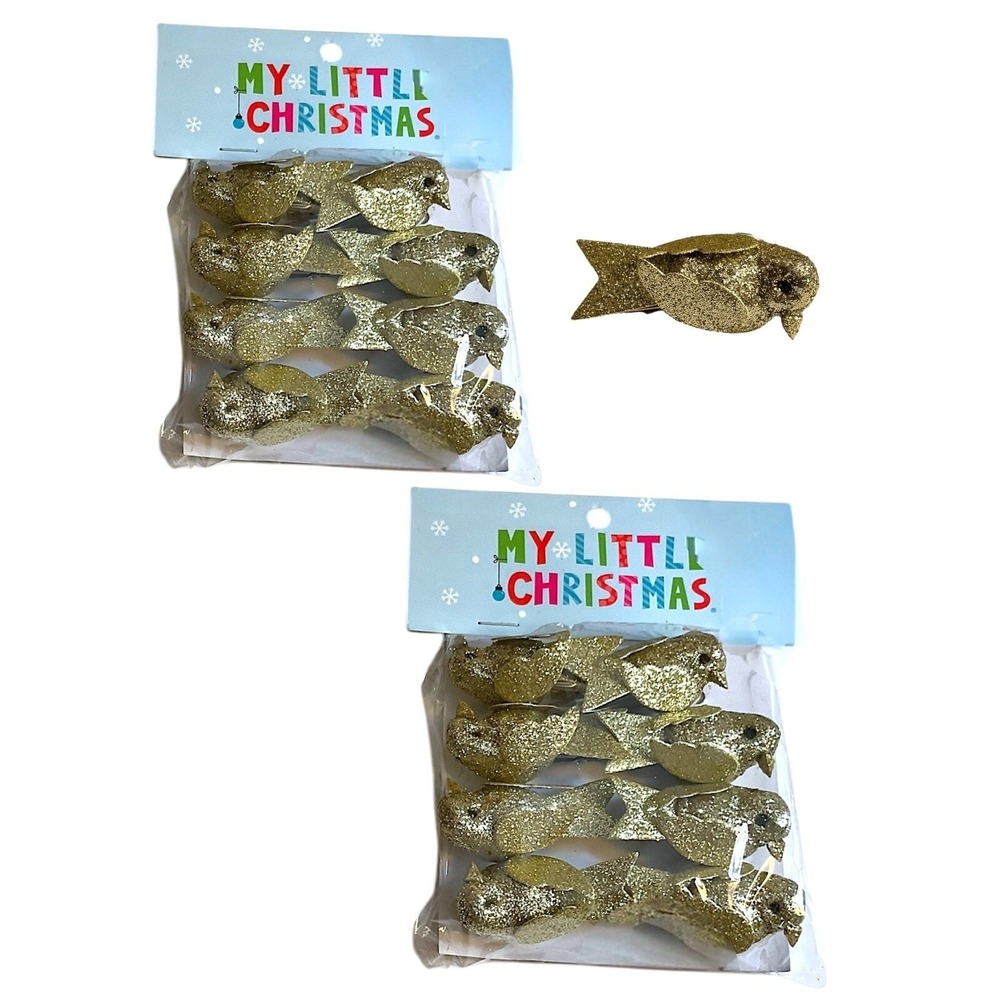 16 Songbird Ornaments Mini Tree Clip On Christmas Gold Glitter (2 Pack of 8)